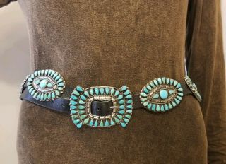 Vintage Navajo Sleeping Beauty Turquoise Clusters Sterling Silver Concho Belt 6