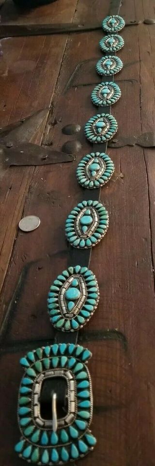 Vintage Navajo Sleeping Beauty Turquoise Clusters Sterling Silver Concho Belt 7