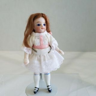 Antique German French - Type Slim Bisque Dollhouse Doll 4 " Swivel Neck/glass Eyes