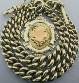 Heavy Antique Solid Silver Double Albert Watch Chain T - Bar & Fob Bir 1919 74gr