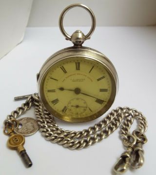 Fine Large English Antique 1901 Sterling Silver Pocket Watch & Chain