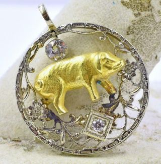 Antique Rare 14k White & Yellow Gold & Natural Diamond Pig Pendant Art Deco 1910