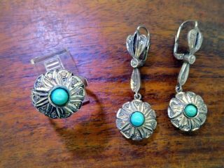 Vintage Palladium Art Deco Antique Turquoise Diamond Earrings Ring Set