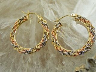 Michael Anthony Vintage 1 - 1/8 " Hoop Braided Rope 14k Tri - Color Gold Earrings