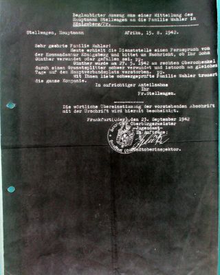 Notarized Statement - German Soldier Killed In Action In Africa - Tobruk 1942
