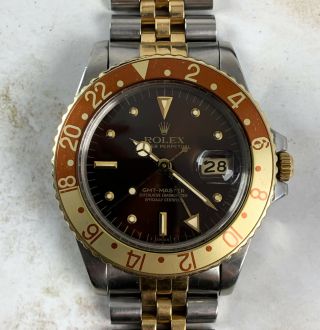 Vintage Rolex Gmt - Master Two - Tone Root Beer Nipple Dial Wristwatch Ref.  16753 Nr