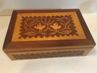 Antique Wood Inlay Trinket Box With Birds Mixed Woods