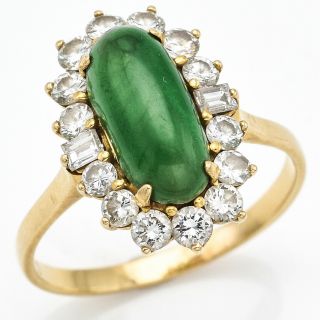 Estate 14k Yellow Gold Green Jade & Diamond Ring 4.  6 Grams 0.  98 Tcw H/i Si - 1