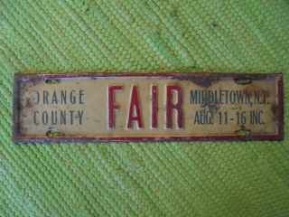 Vintage 1964 Orange County Fair License Plate Topper Souvenir Tag Middletown Ny