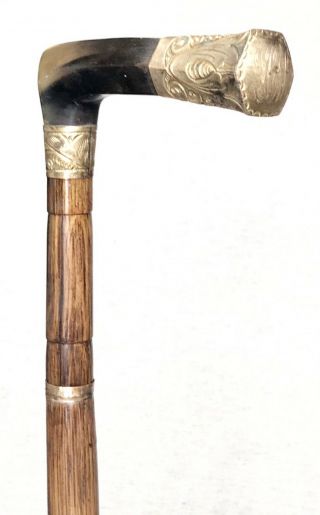 Vintage Antique Engraved Gold Filled Horn Handle Horn Tip Walking Stick Cane Old