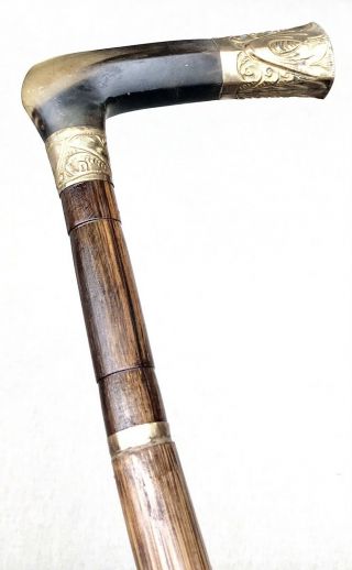 Vintage Antique Engraved Gold Filled Horn Handle Horn Tip Walking Stick Cane Old 6