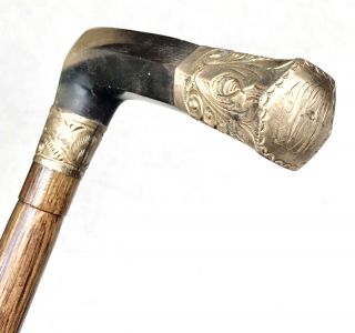 Vintage Antique Engraved Gold Filled Horn Handle Horn Tip Walking Stick Cane Old 8