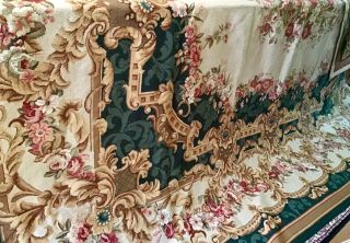 Georgeous 11’8” X 8’8” Aubusson Rug Shades Of Green,  Rose,  Gold And Cream