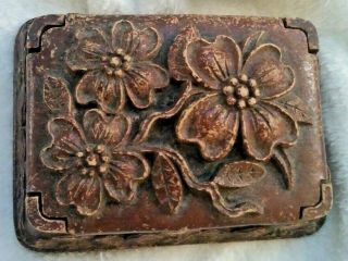 Vintage Hand Carved Wood Jewelry Trinket Box Folk Art Artisan Flower Design