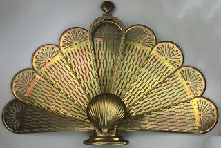 Vtg Antique Ornate Brass Peacock Fireplace Fan Folding Screen Clamshell Art Deco