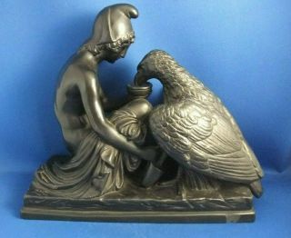 Antique 19thc Copenhagen Eneret Black Basalt Figure Ganymede & Eagle - Thorvaldsen