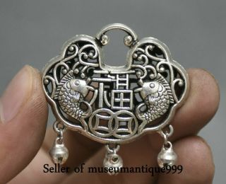 4.  5cm Old Chinese Miao Silver Dynasty Double Fish Bell Lock Pendant Amulet