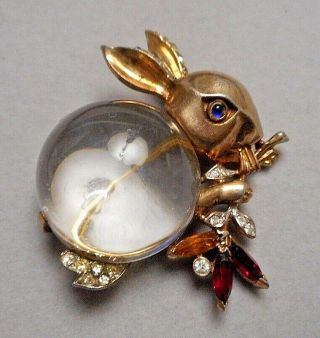 1940s Trifari Sterling & Lucite Cabochon Clear Jelly Belly Rabbit Brooch Pin