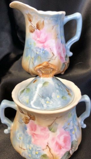 Hand Painted Antique Style Sugar And Creamer Set Pink Roses And Blue Flowers