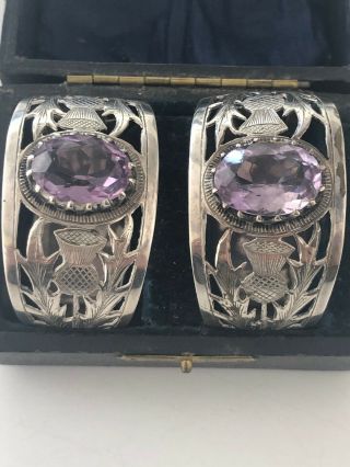 Antique Hallmarked Silver Scottish Thistle Amethyst Napkin Ring Pair