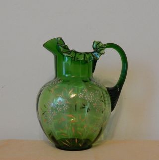 Antique Victorian Green Glass Enameled Painted Daisies Ruffled Pitcher Pretty