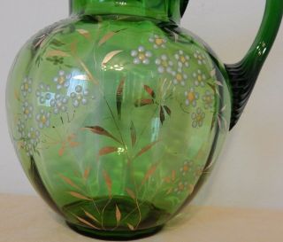 Antique Victorian green glass enameled painted daisies ruffled pitcher pretty 2