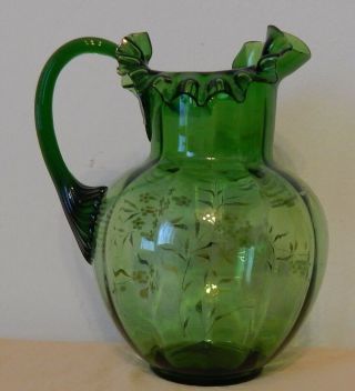 Antique Victorian green glass enameled painted daisies ruffled pitcher pretty 3