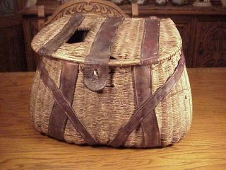 Very Early Split Willow Basket Frogged Leather Creel