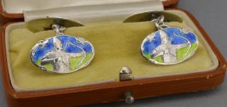 Antique Art Nouveau Silver Enamel Double Cufflinks Imperial Russian C.  1900