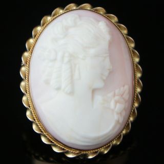 Solid 14k Yellow Gold & Carved Pink Coral Cameo Pin,  Brooch,  Estate Pendant