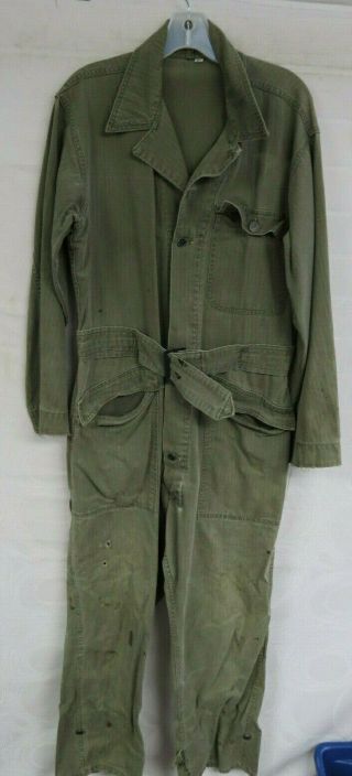Vintage Ww2 Us Army 13 Star Buttons Hbt Herringbone Coveralls Size 38p Green