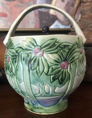 Antique Vintage Roseville Art Pottery Vista Pattern Basket