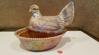Antique Glass Chicken Hen On Nest Candy Dish,  Iridescent Beige