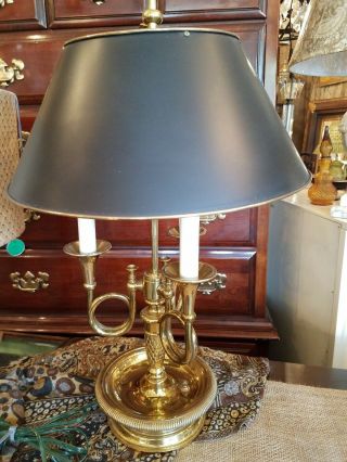Vintage French Bouillotte Trumpet Brass Table Lamp W/tole Shade.