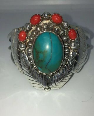 Vintage Navajo? Sterling Silver Turquoise & Red Coral Cuff Bracelet (45.  4)