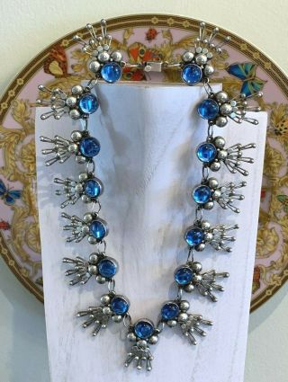 Vintage Taxco Mexico Sterling Silver And Cabochon Stone Squash Blossom Necklace