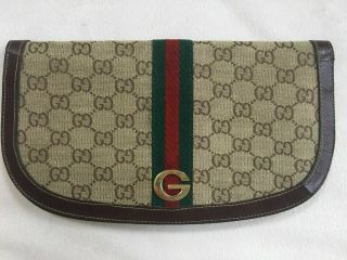 Fabulous Vintage Gucci Brown Gg Logo Web Stripe Clutch Wallet 1980