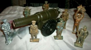 " Big Bang Cannon " With,  8 Vintage - (cast - Iron Toy Soldiers),  Great Old Patina.