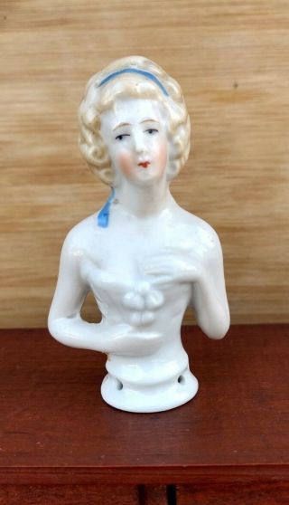 Half - Doll Victorian Woman Antique Porcelain Germany Vintage 3” Blonde Curls