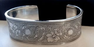 Vintage Sterling Silver Wide Cuff Bracelet Etched Floral Design Ed Levin Mark