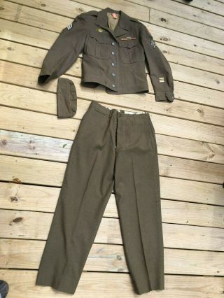 Ww2 Ike Jacket W/ Ribbon Bar,  Trousers & Brown Wool Overseas Cap