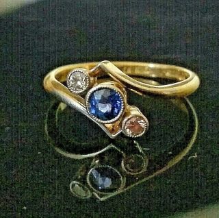 Antique Art Deco 18ct Gold Sapphire Pink Diamond Three Stone Ring,  Size M