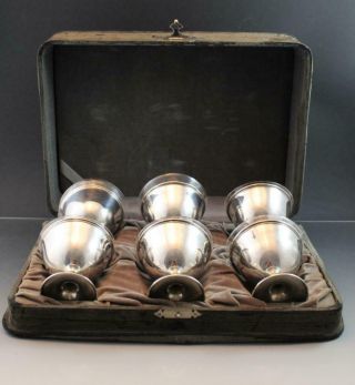 Antique Set Of 6 Sterling Silver Sorbet Cups W/ Glass Inserts & Fitted Case