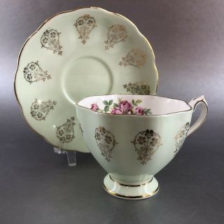 Queen Anne Green Bone China Teacup & Saucer England Vintage Tea Cup