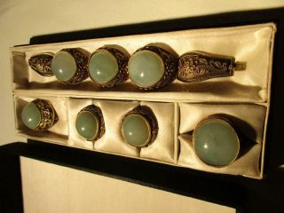 Chinese Sterling Silver Gilt Jade Box Set Brooch Earring Ring Bracelet Antique