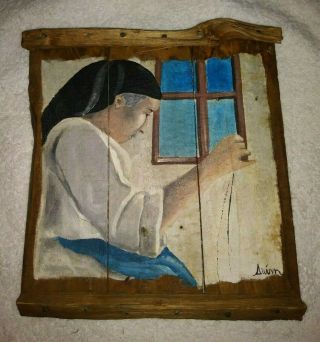 Old Vintage Antique Painting On Wood Panel Women By Window 9 X 10