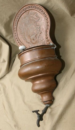 Antique 18th - early 19th C Wall Mount Beverage Dispenser Pourer Embossed Copper 4