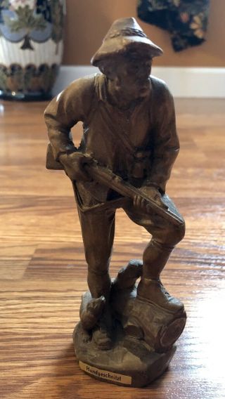 Vintage Black Forest German Hand Wood Carved Wood Figure Of Hunter & Dog
