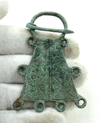 Authentic Medieval Viking Bronze Penannular Omega Brooch W/ Runic Motif - J250