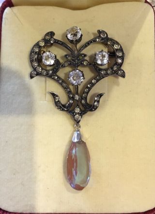 Antique French Art Nouveau Paste & Saphiret Silver Pendant Pin/brooch